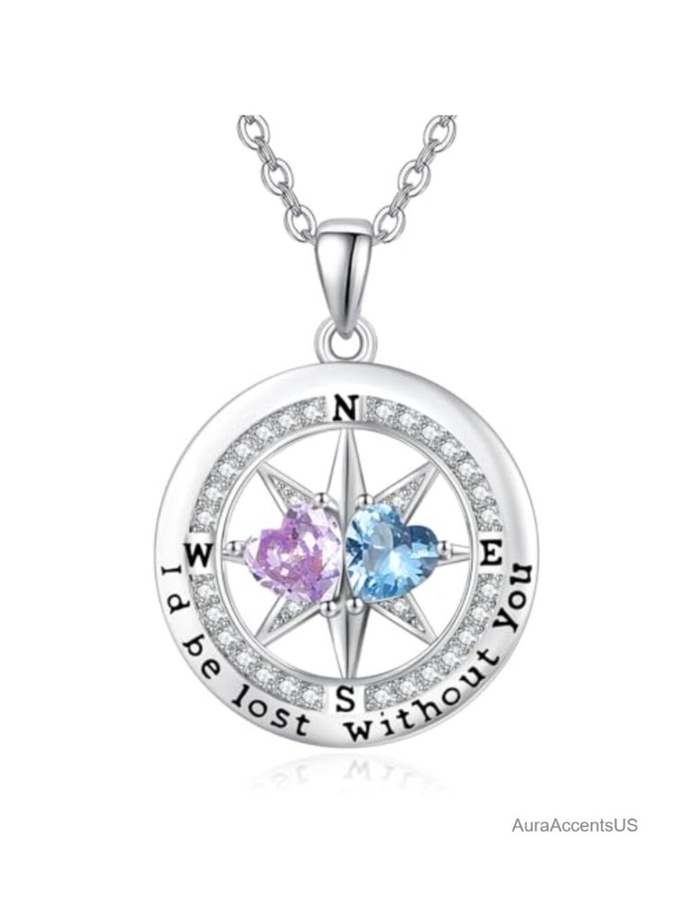 White Gold Plated Compass Birthstone Pendant Necklace 18+2in Gift